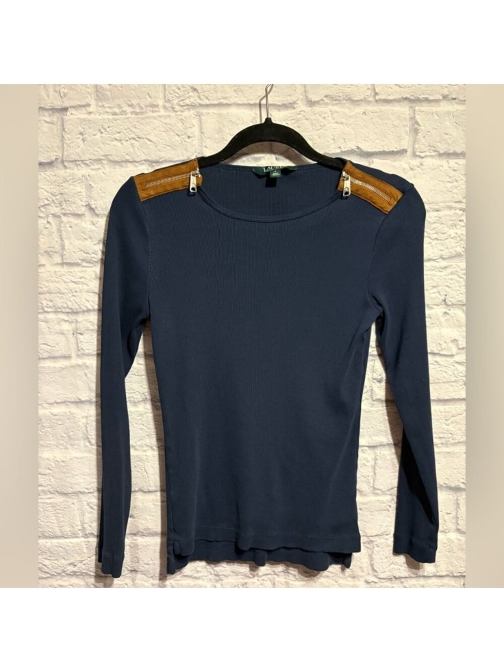 Lauren Ralph Lauren Navy Top with Tan Shoulder Accents Small
